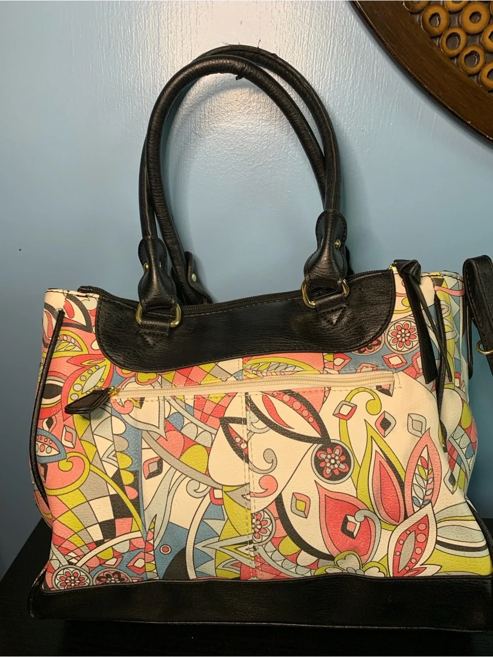 Nicole Miller Multicolor Floral Print Satchel with Black Trim
